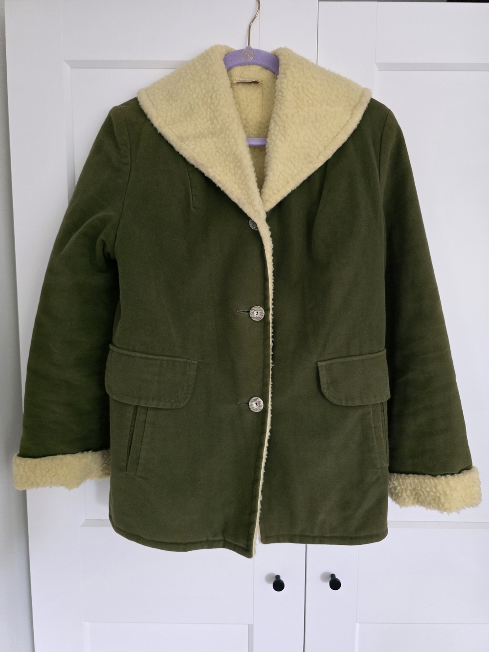 Vintage Olive Green Shearling-Lined Women's Coat